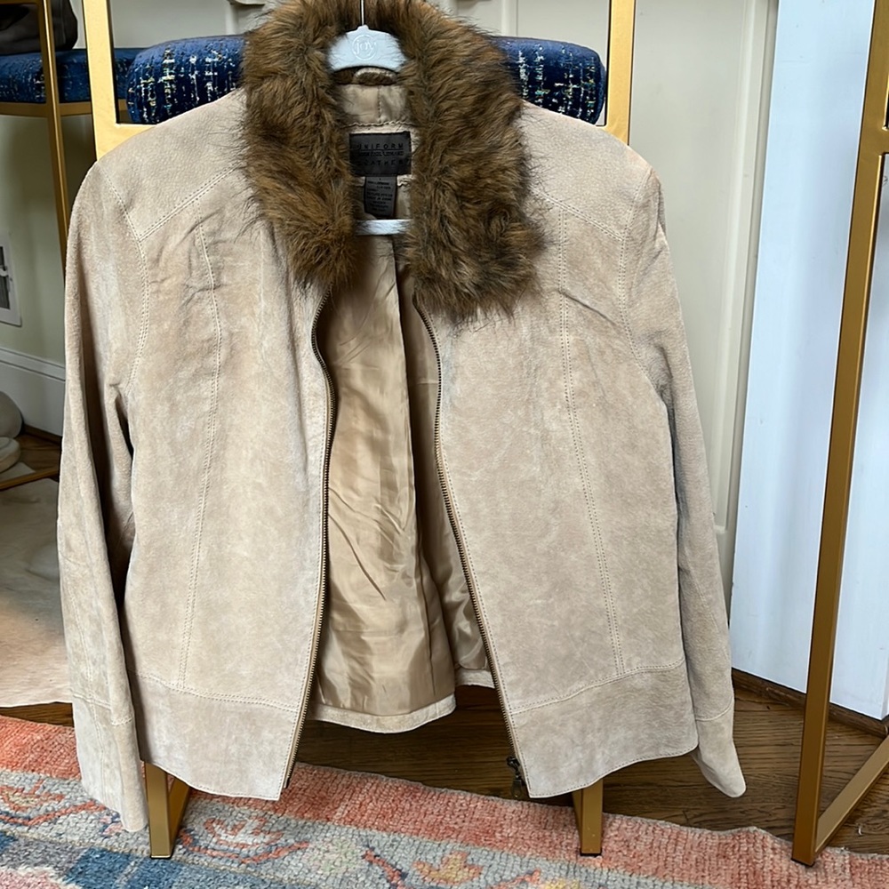 Genuine Cream Suede Jacket with Faux Fur Neck